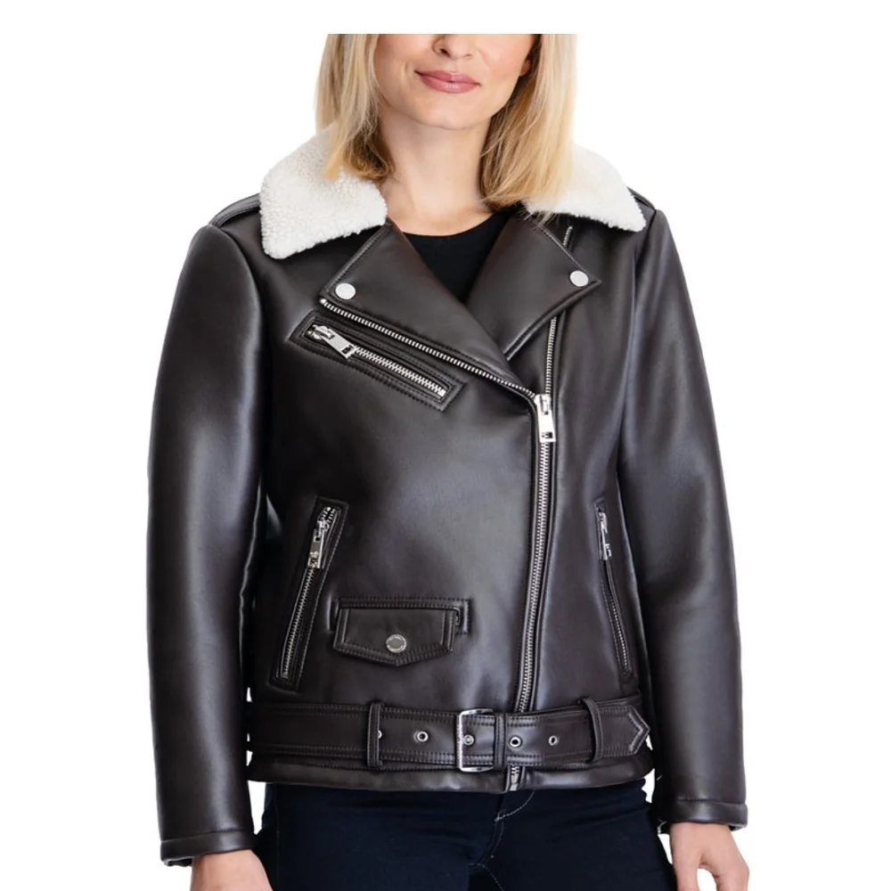 MICHAEL Michael Kors Black Leather Jacket with White Collar - Picture 5 of 6